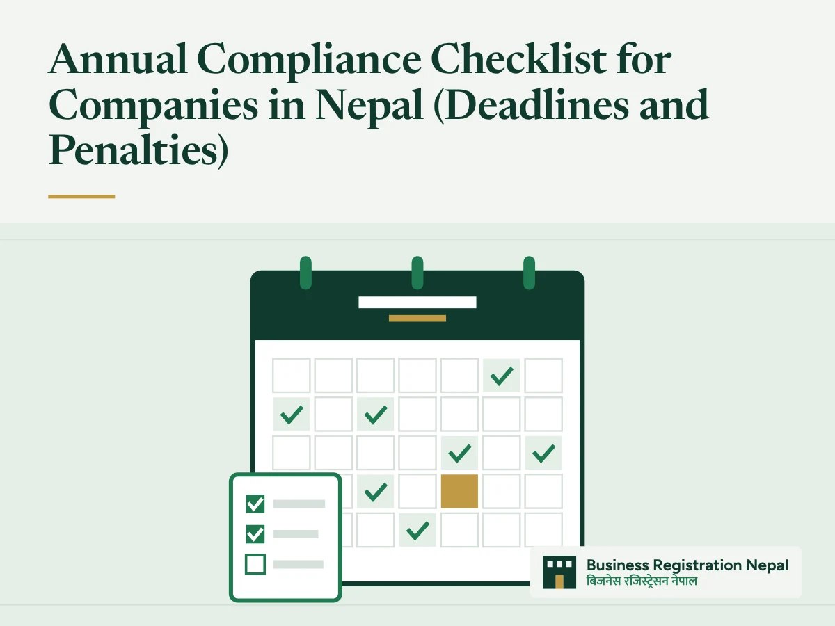 Annual Compliance Checklist for Companies in Nepal (Deadlines and Penalties), with an illustration of a wall calendar page with ticked days and one highlighted deadline, beside a ticked checklist card