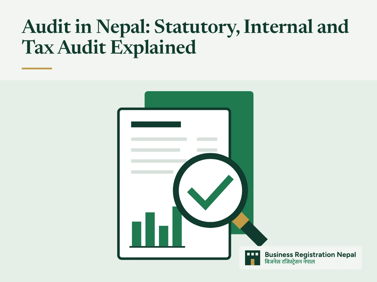 Audit in Nepal: Statutory, Internal and Tax Audit Explained, with an illustration of a financial statement with ledger lines and a bar chart under a magnifying glass showing a green tick mark