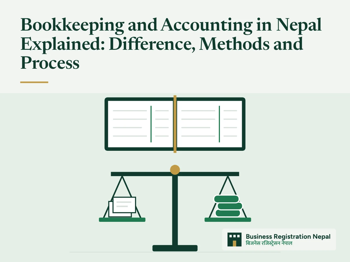 Bookkeeping and Accounting in Nepal Explained: Difference, Methods and Process, with an illustration of a balance scale weighing receipts against a stack of coins, standing above an open ledger book with debit and credit columns