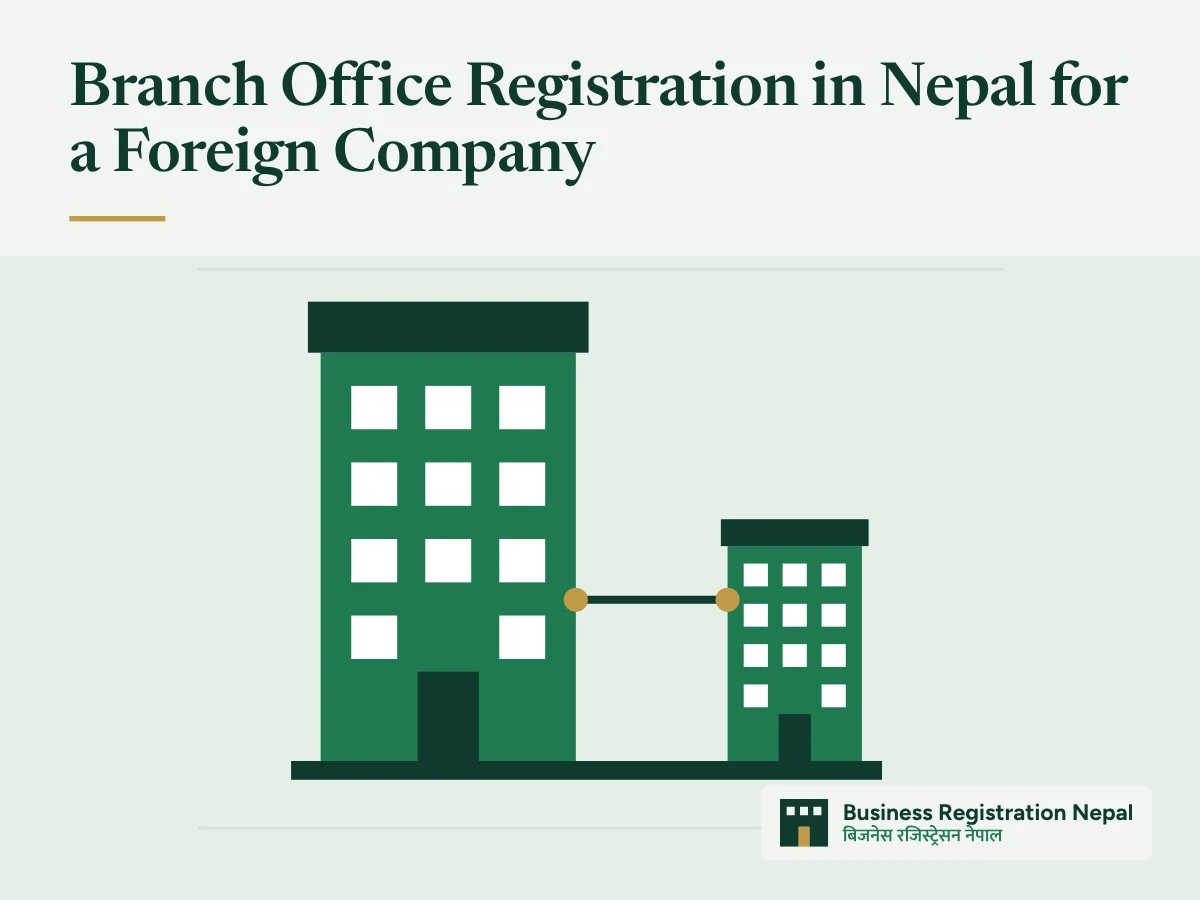 Branch Office Registration in Nepal for a Foreign Company, with an illustration of a large head-office building linked by a straight line to a smaller branch building of the same design, both on one shared foundation