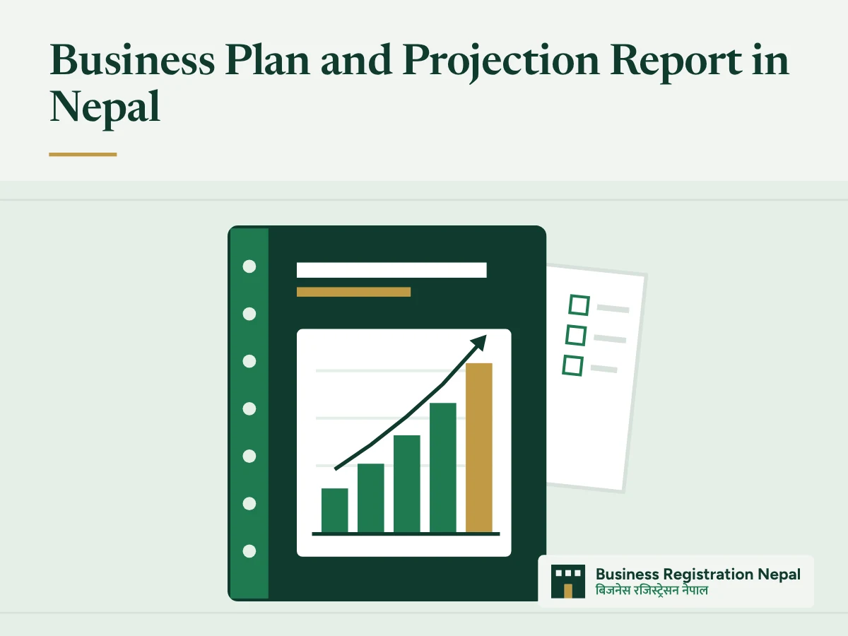 Business Plan and Projection Report in Nepal, with an illustration of a bound business plan report cover with a rising bar chart and trend arrow, beside a loan form