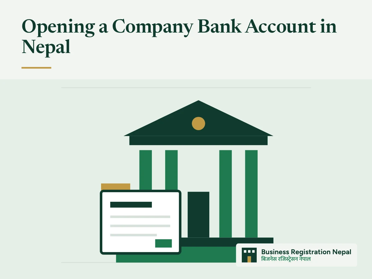 Opening a Company Bank Account in Nepal, with an illustration of a bank building with columns and a company document file in front of it