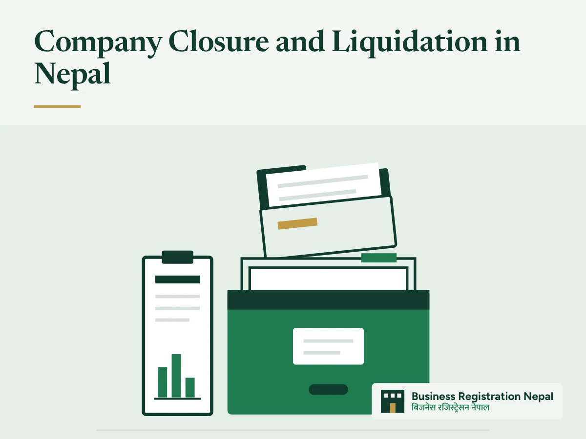 Company Closure and Liquidation in Nepal, with an illustration of a company file being lowered into an archive box, with a final report standing beside the box