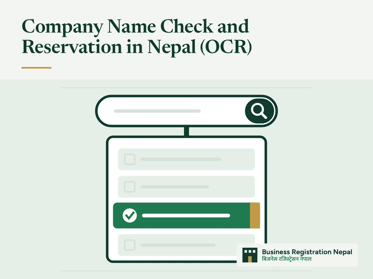 Company Name Check and Reservation in Nepal (OCR), with an illustration of a name search bar above a list of proposed company names, with one name ticked as available