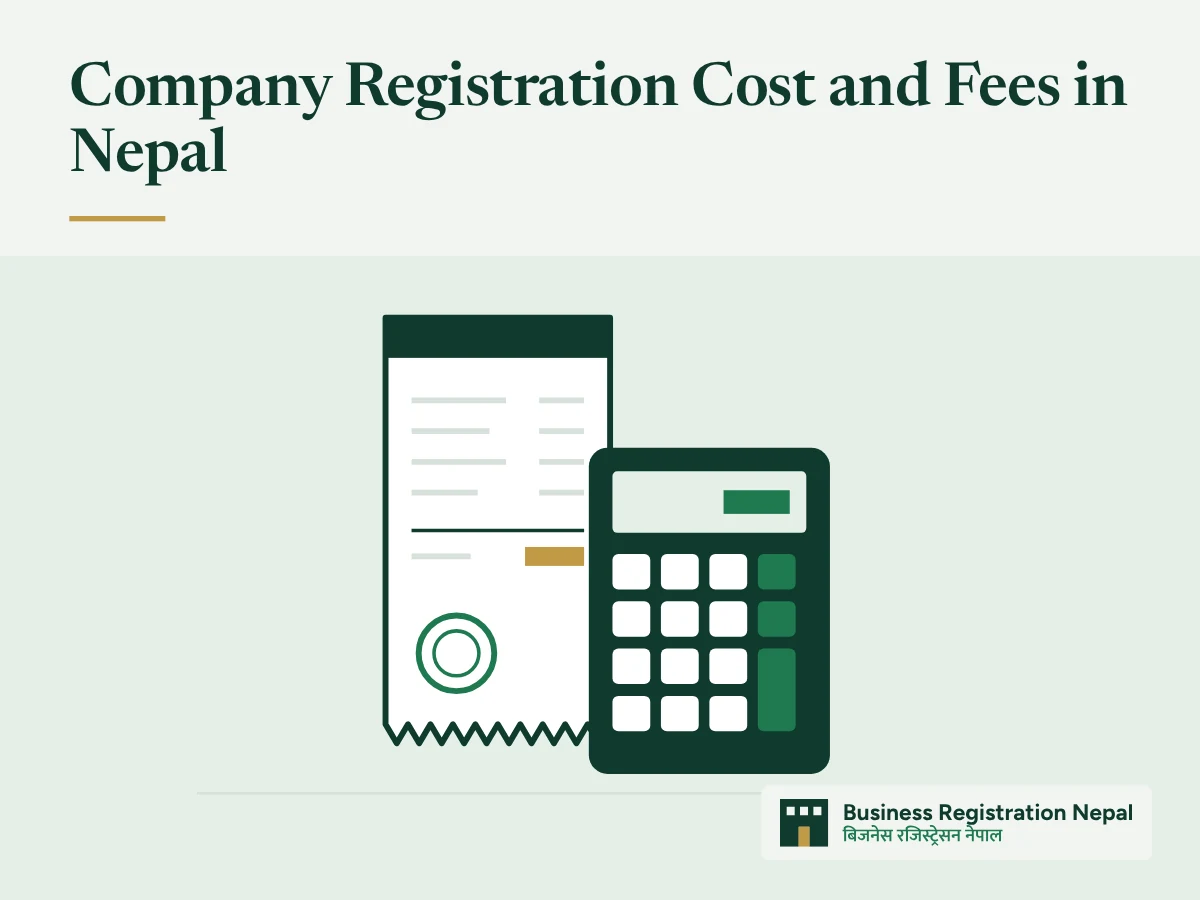 Company Registration Cost and Fees in Nepal, with an illustration of a government fee receipt with a paid stamp beside a calculator