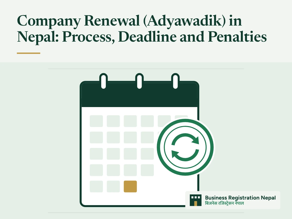 Company Renewal (Adyawadik) in Nepal: Process, Deadline and Penalties, with an illustration of a calendar page with the last day of the month marked and a round renewal stamp with circular arrows