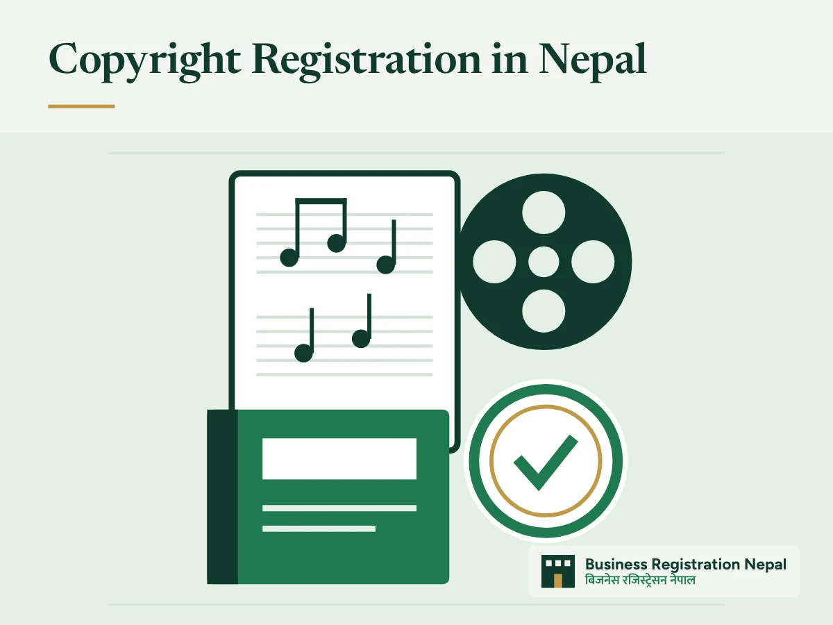 Copyright Registration in Nepal, with an illustration of creative works, a music sheet, a book and a film reel, with a round registration stamp