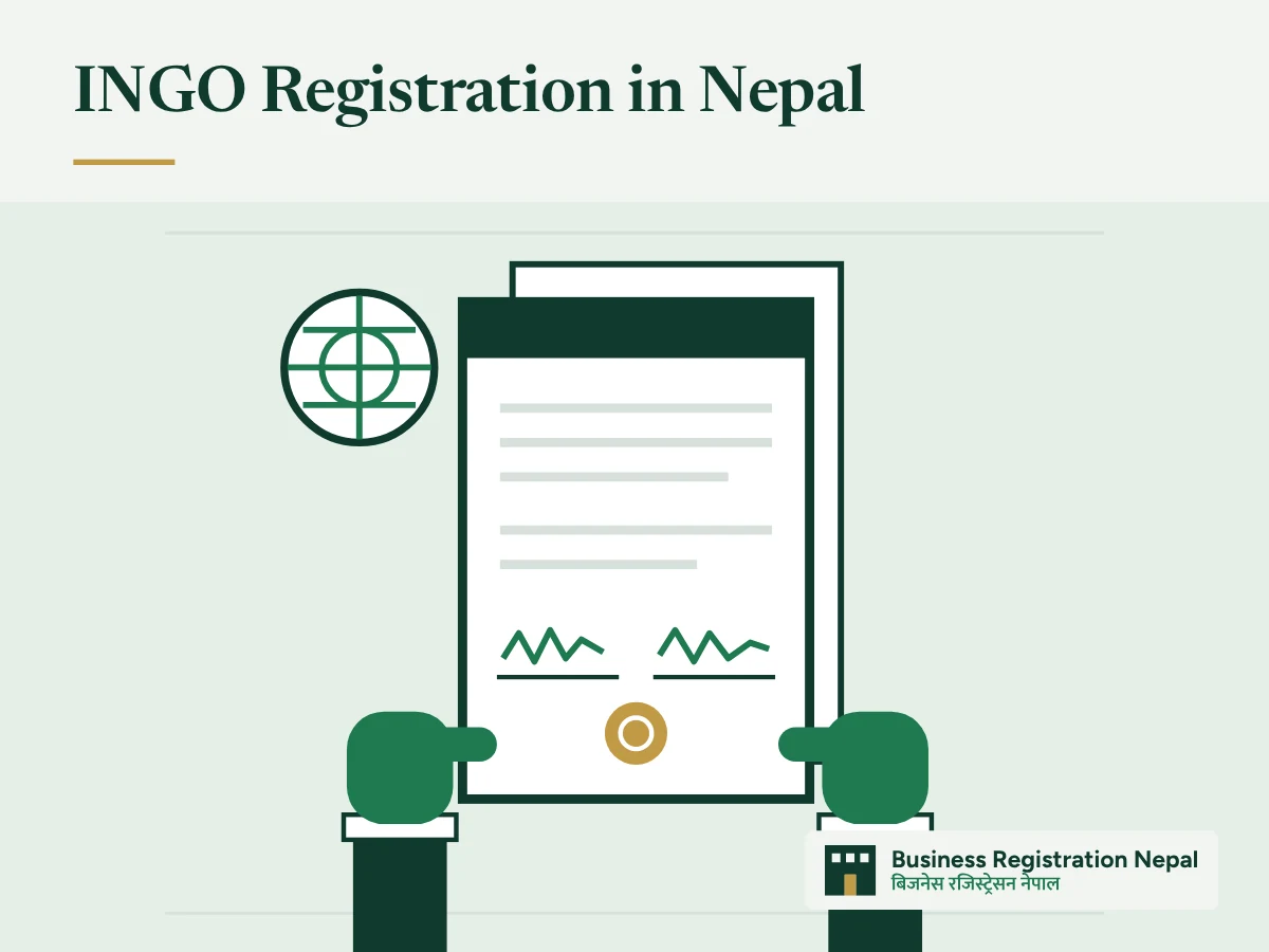 INGO Registration in Nepal, with an illustration of 2 hands holding a signed agreement with 2 signature lines and a seal, beside a globe symbol for an international organization