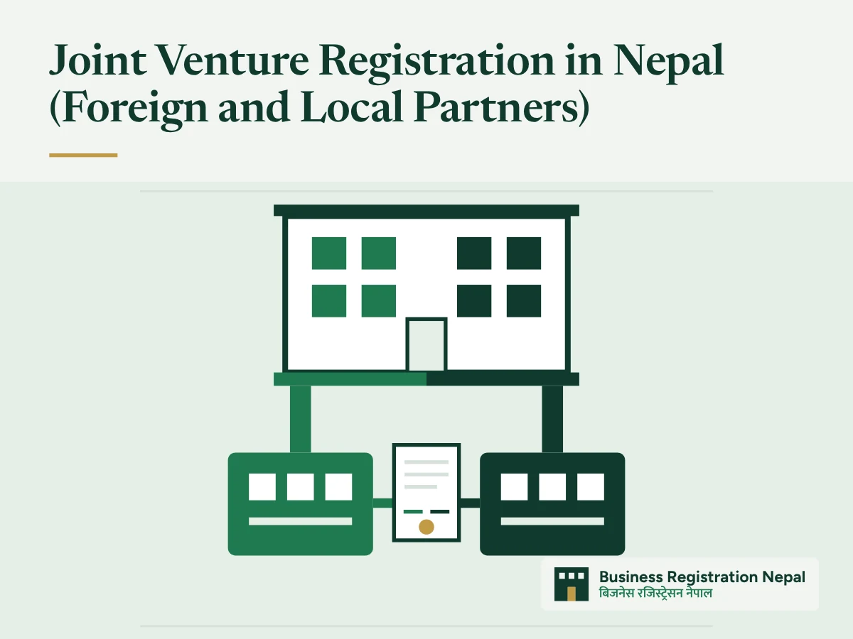 Joint Venture Registration in Nepal (Foreign and Local Partners), with an illustration of two partner blocks in different colours joined by a signed agreement sheet and rising into one shared company building
