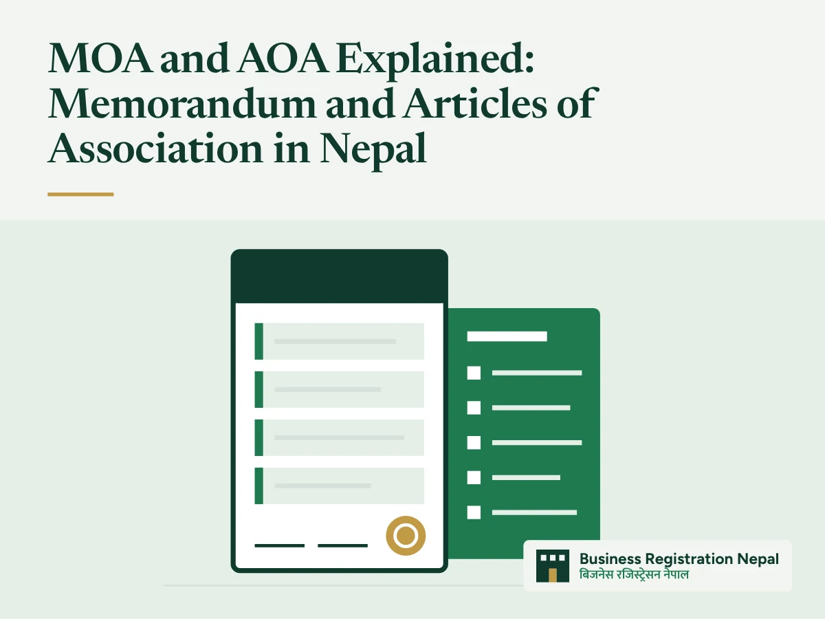 MOA and AOA Explained: Memorandum and Articles of Association in Nepal, with an illustration of 2 company documents side by side: a memorandum with 4 clause blocks and a gold seal in front of a green articles rulebook with a list of rules
