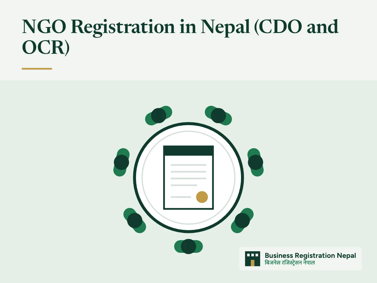 NGO Registration in Nepal (CDO and OCR), with an illustration of seven founding members seated around a round table with a constitution document and a seal at its centre