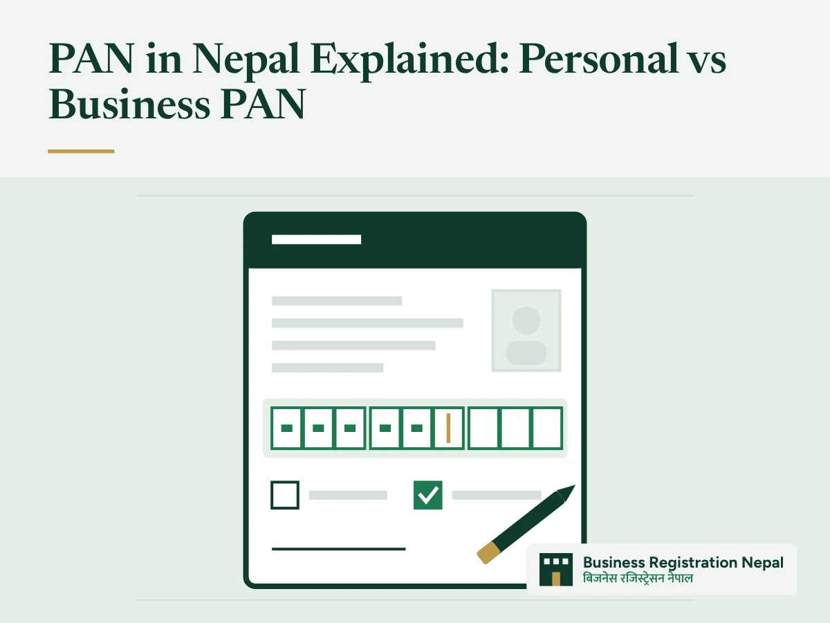 PAN in Nepal Explained: Personal vs Business PAN, with an illustration of a PAN registration form with a 9-box number field, a photo box, a ticked checkbox and a pen