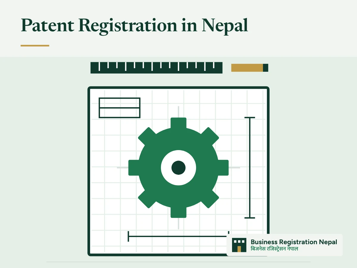Patent Registration in Nepal, with an illustration of a technical drawing sheet with a gear, centre lines and dimension lines, above a ruler and a pencil