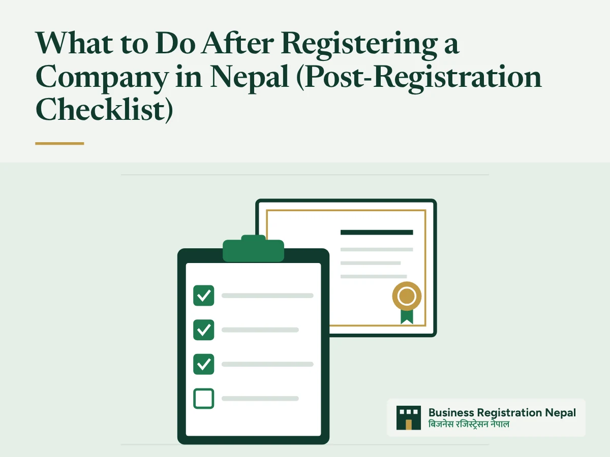 What to Do After Registering a Company in Nepal (Post-Registration Checklist), with an illustration of a clipboard checklist with three items ticked next to a certificate with a seal