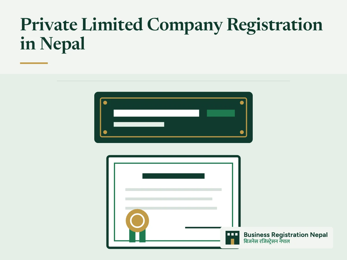 Private Limited Company Registration in Nepal, with an illustration of a company nameplate with gold corner screws above a certificate of incorporation with a gold seal and ribbon