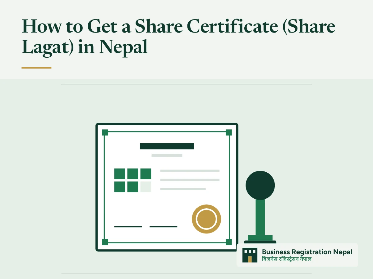 How to Get a Share Certificate (Share Lagat) in Nepal, with an illustration of a share certificate with share blocks, signature lines and a gold company seal, with a rubber stamp raised above it