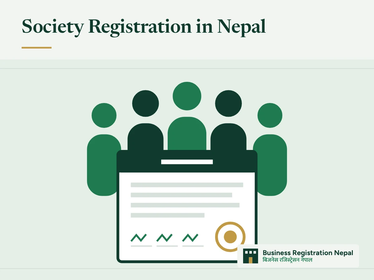 Society Registration in Nepal, with an illustration of a group of founding members standing behind a signed society constitution with a seal