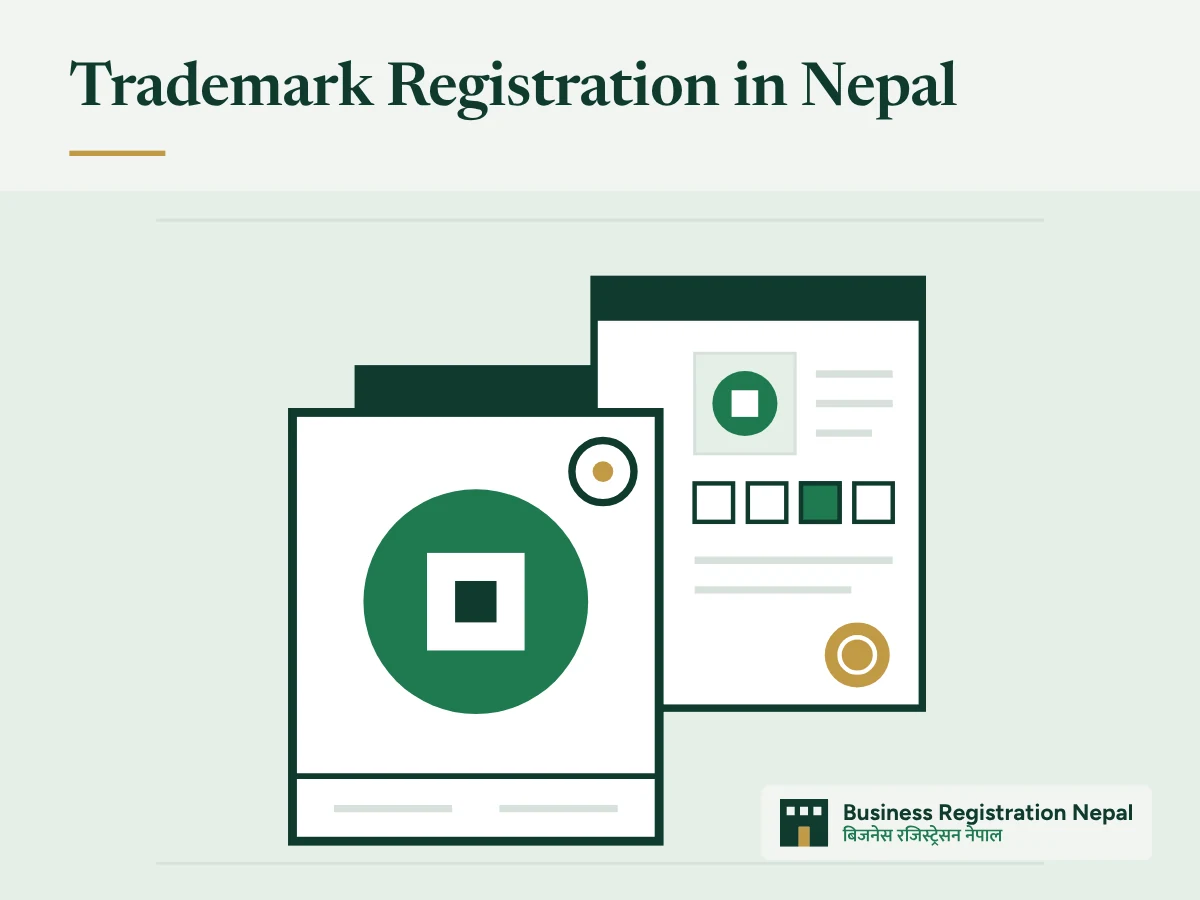 Trademark Registration in Nepal, with an illustration of a product box carrying a brand mark with a registered-mark badge, next to a trademark application form with a specimen box, class boxes and a seal