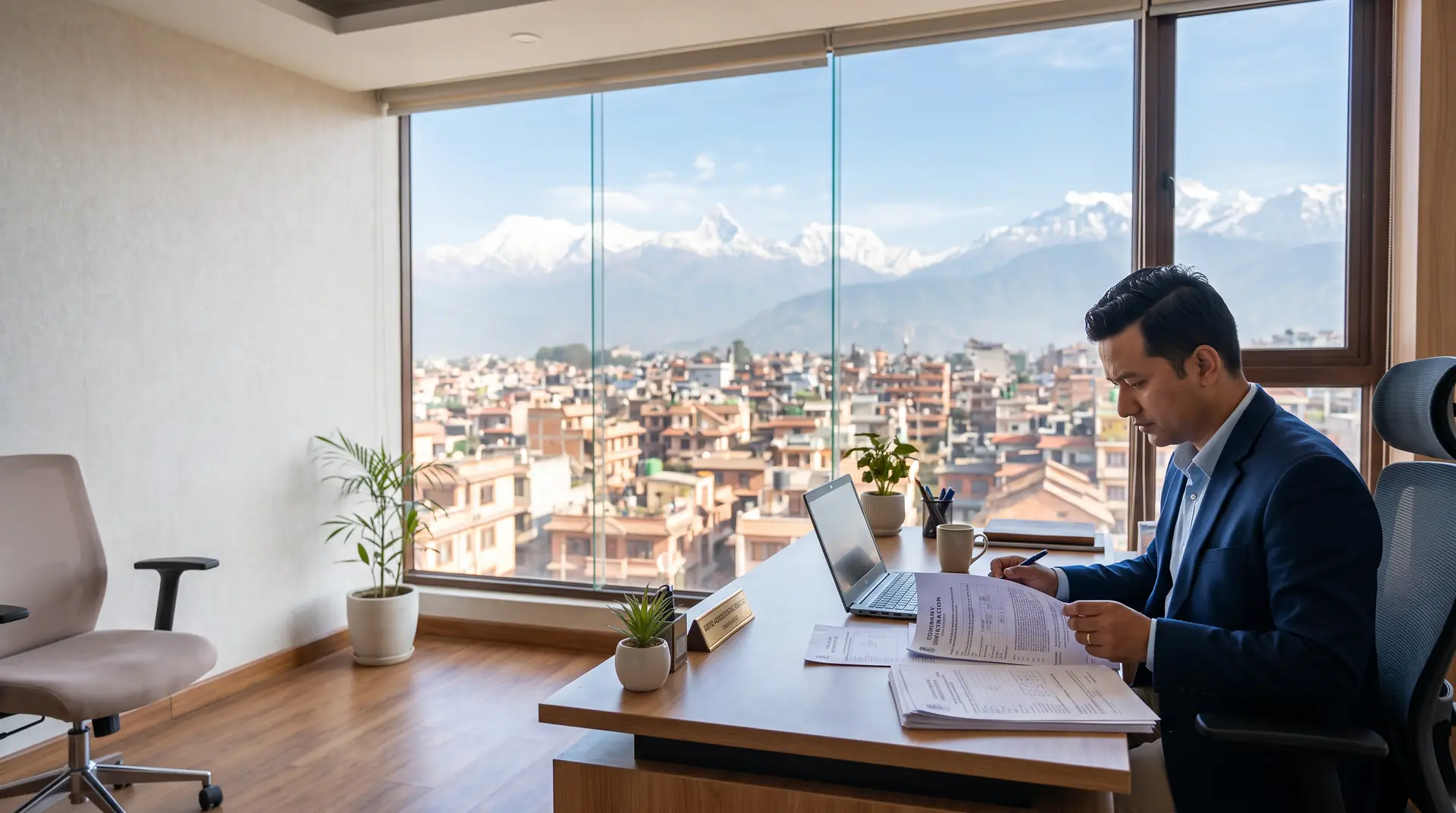 Chartered accountant reviewing company registration documents in a Kathmandu office with the Himalaya in view